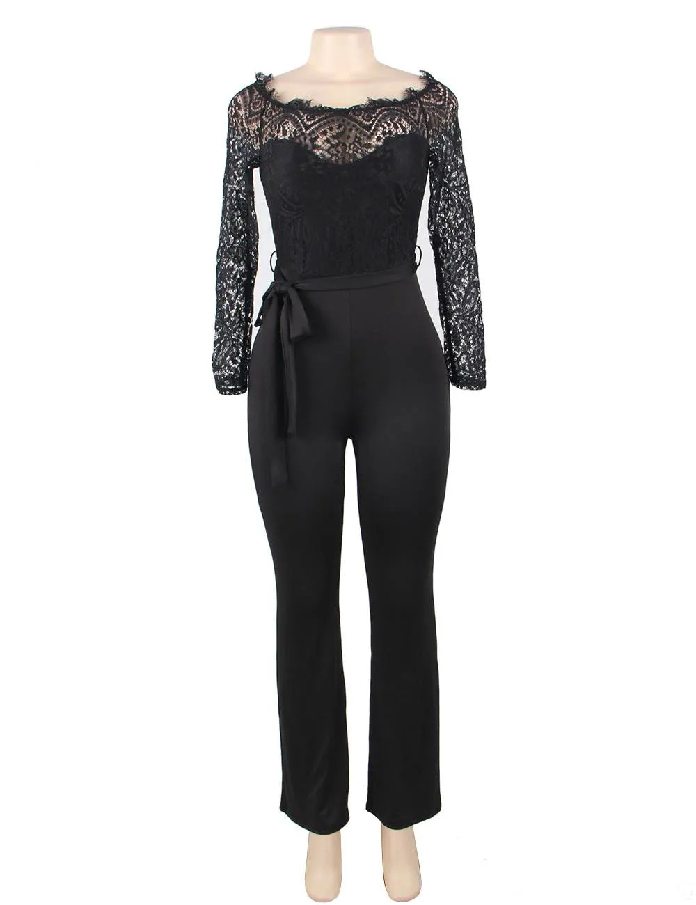 Black Falling Shoulder Lace Stitching Fashion Jumpsuit