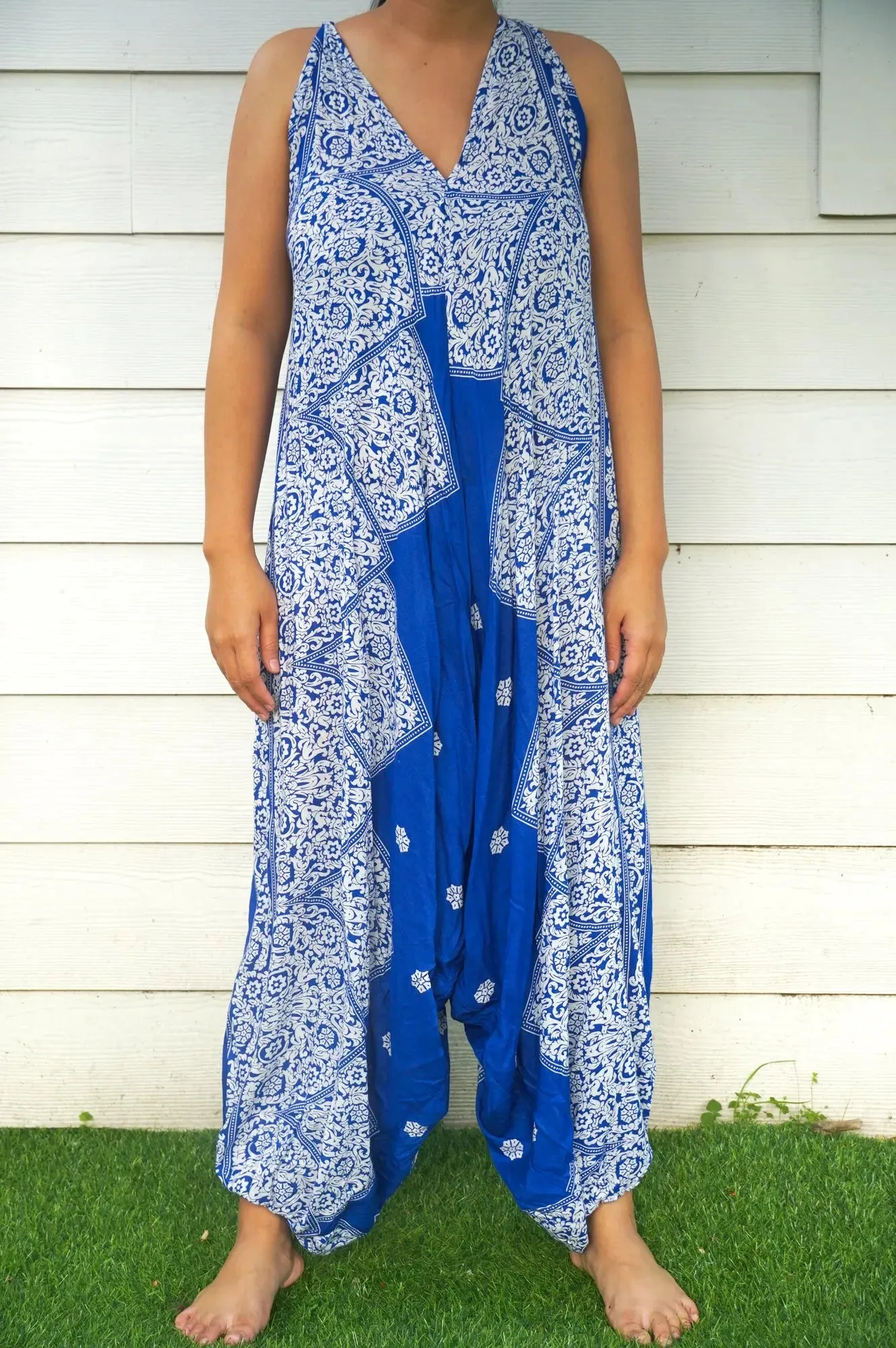 Bohemian Blue Floral Summer Jumpsuit for Festivals and Beach Days