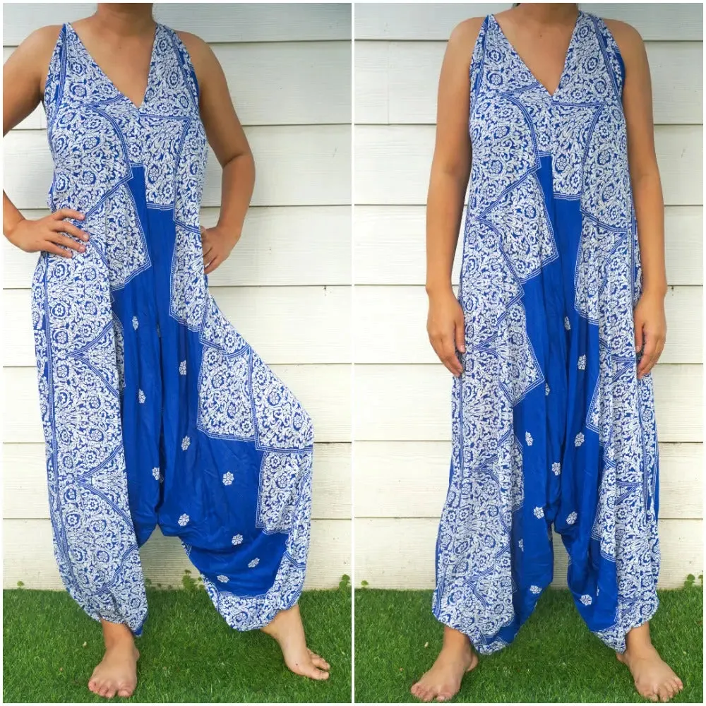 Bohemian Blue Floral Summer Jumpsuit for Festivals and Beach Days