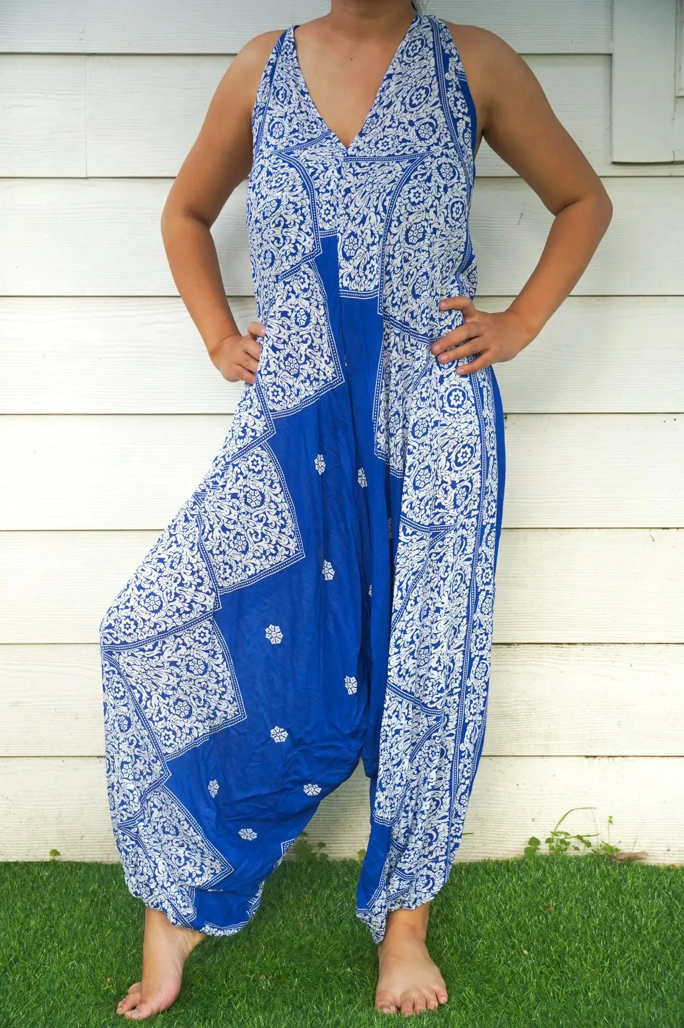 Bohemian Blue Floral Summer Jumpsuit for Festivals and Beach Days