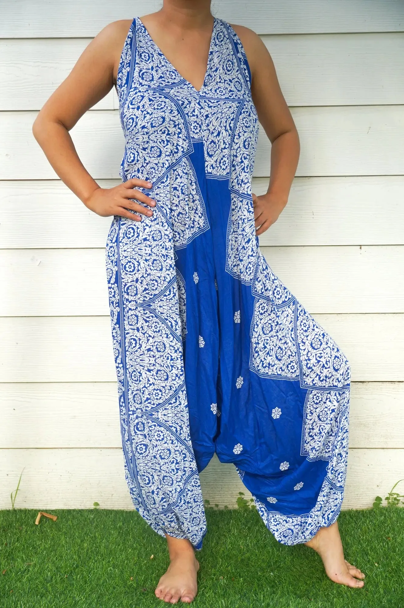 Bohemian Blue Floral Summer Jumpsuit for Festivals and Beach Days