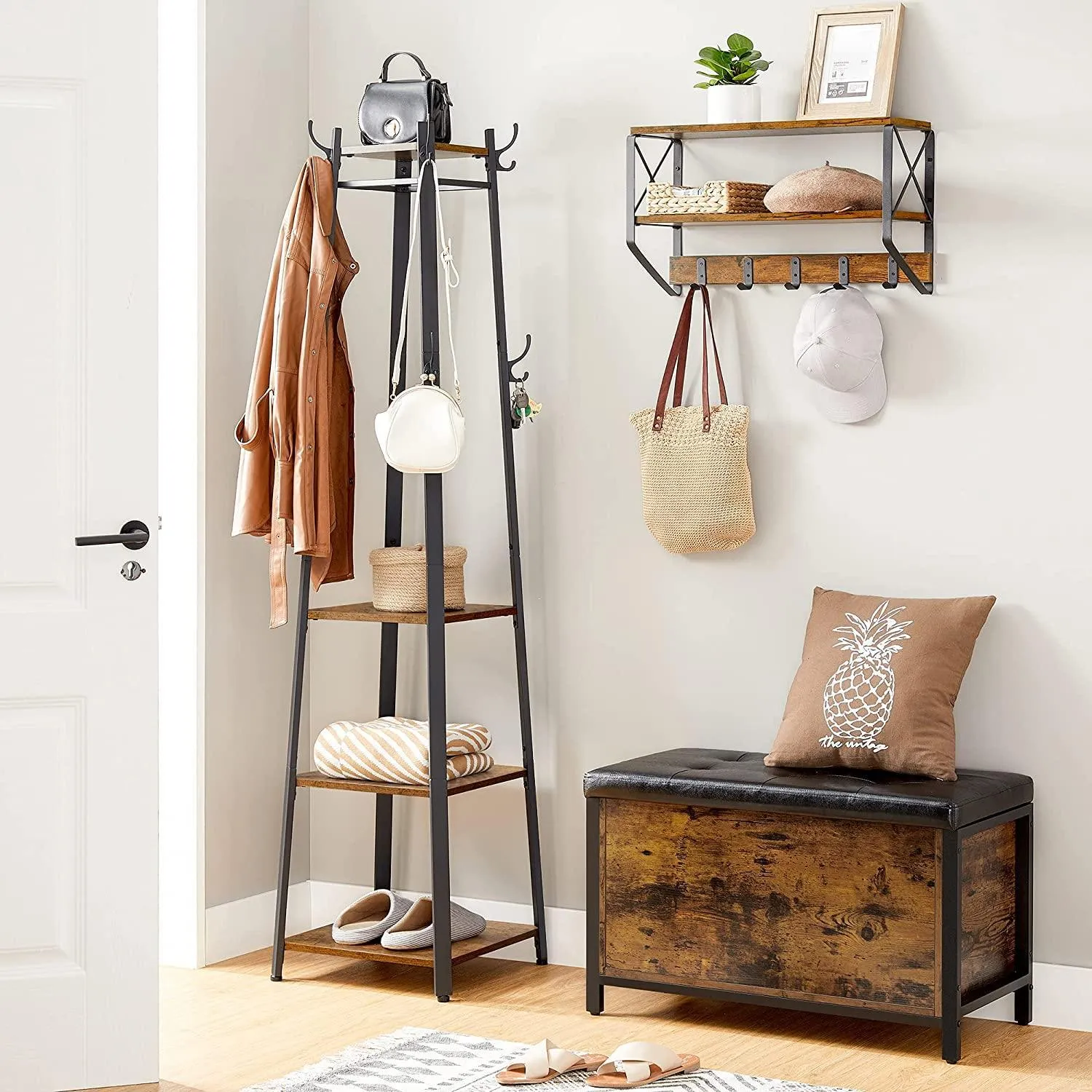 Coat Rack with 3 Shelves with Hooks Rustic Brown and Black