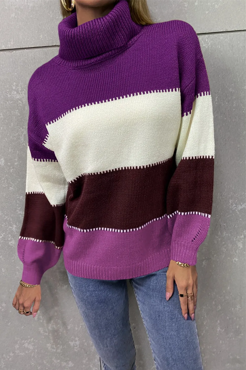 Color Block Lantern Sleeve Turtleneck Sweater