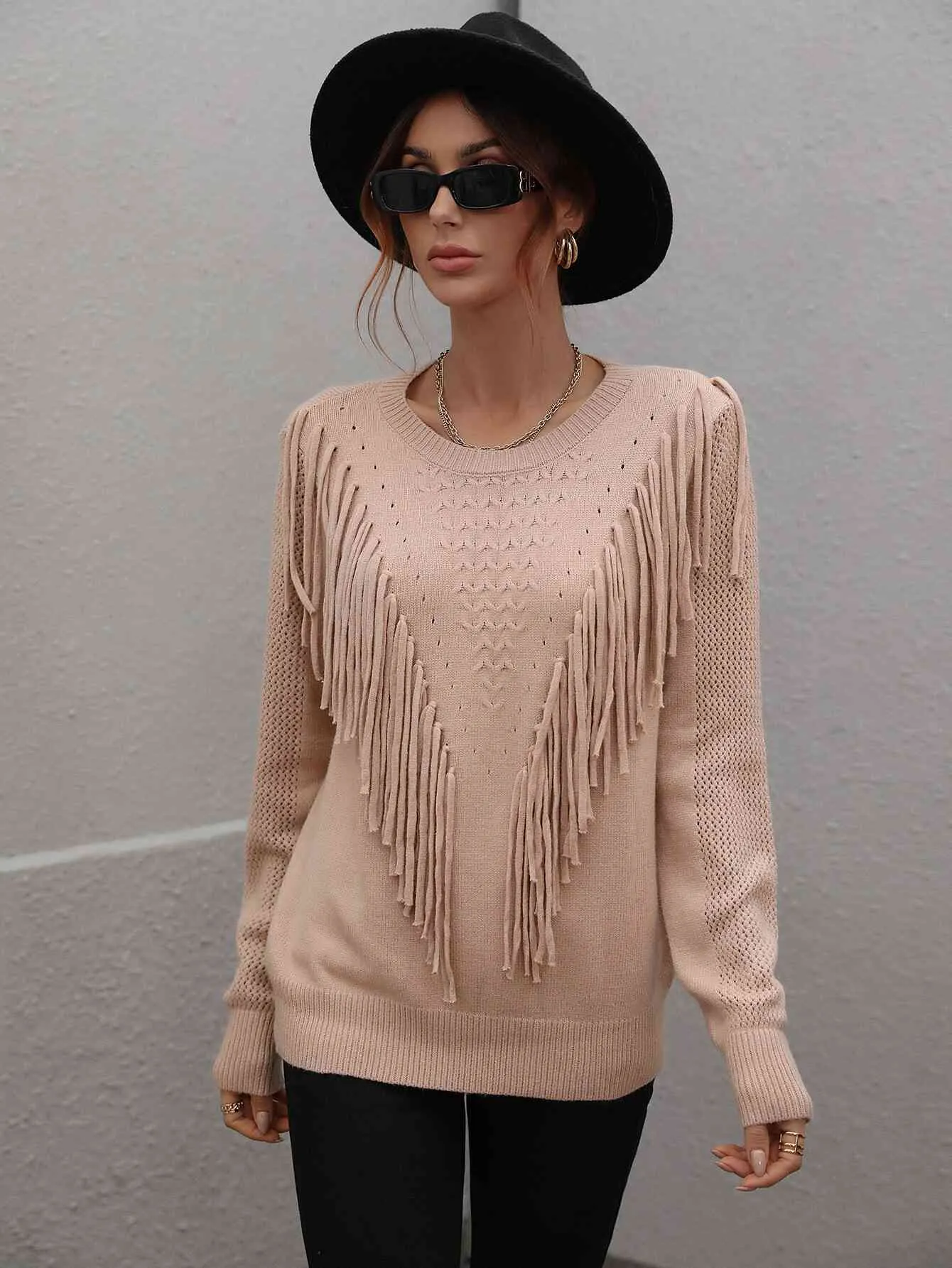 Fringe Detail Ribbed Trim Sweater