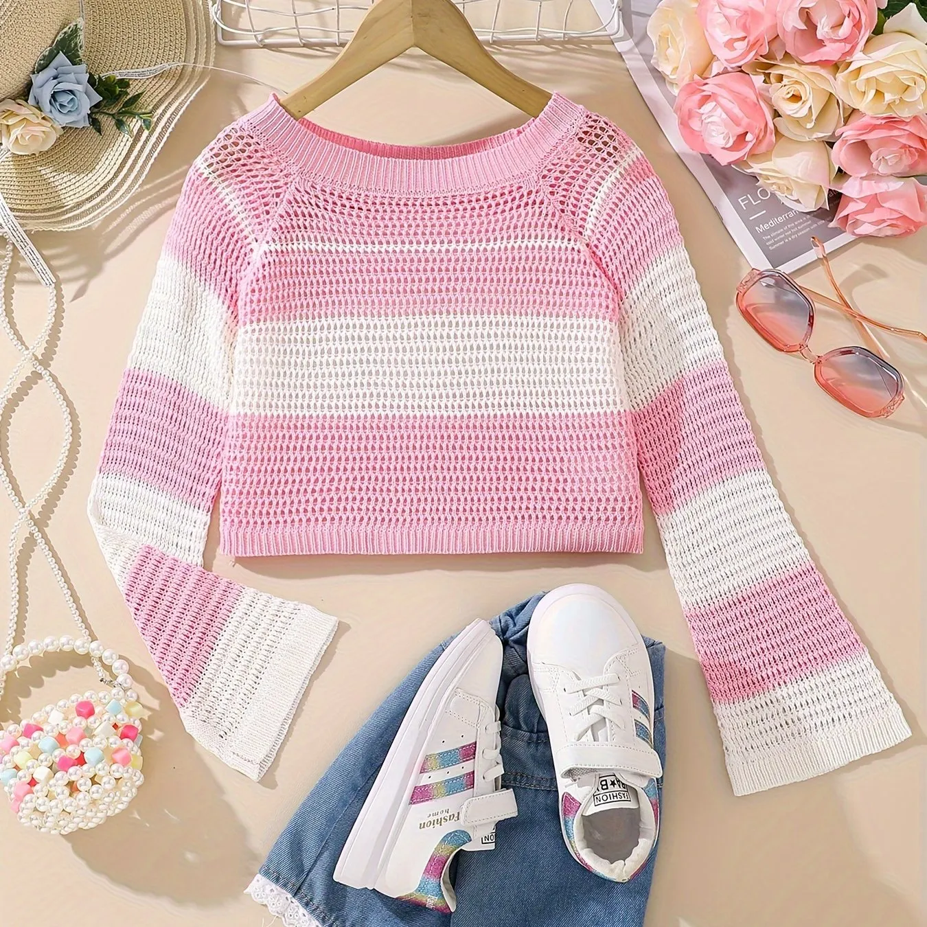 Girls Stylish & Comfy Long Bell Bottom Sleeve Color Block Knit Sweater For Spring & Fall