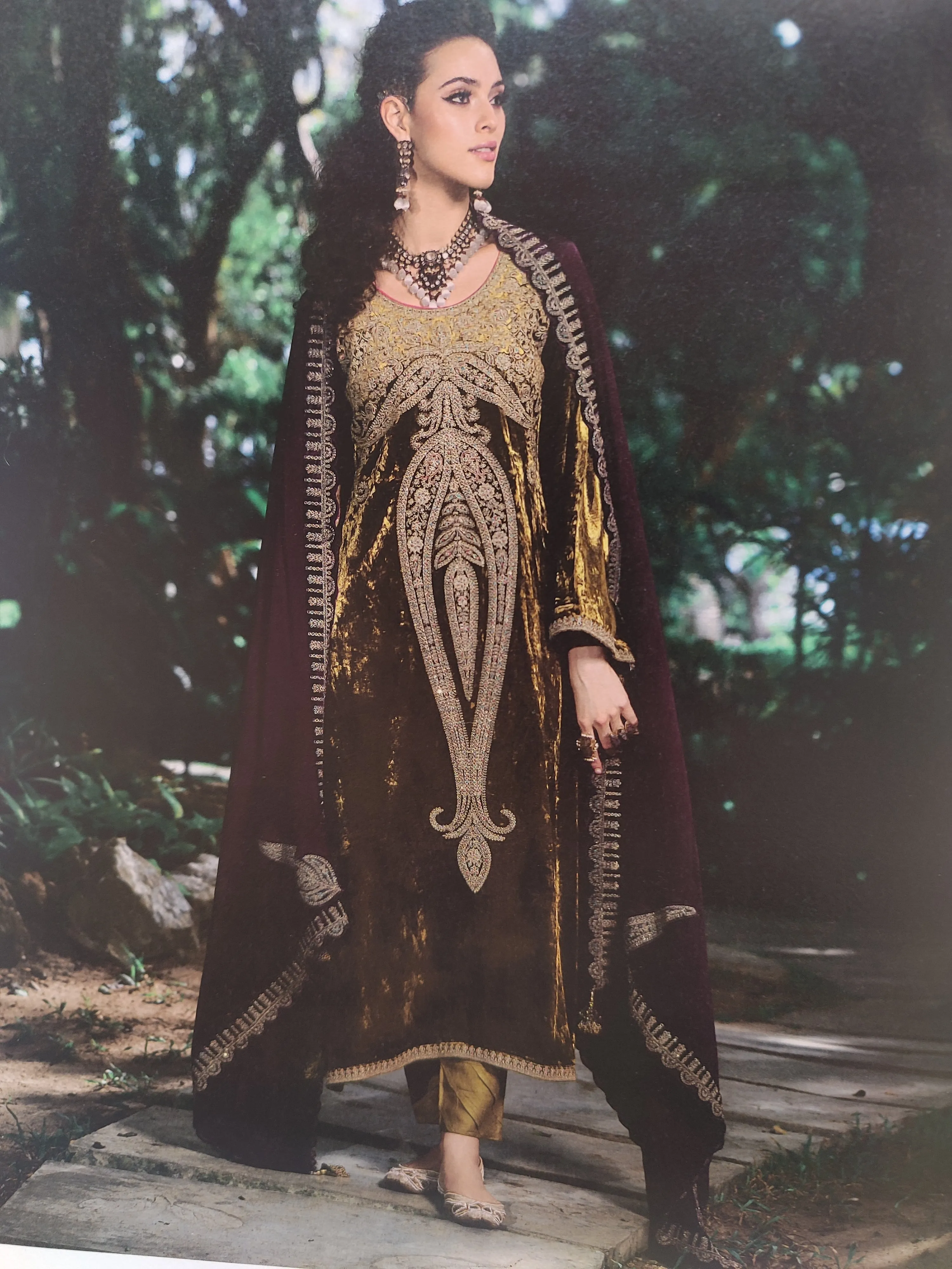 Green Velvet Unstitched Suit With Golden Dori Embroidery With Gajji Silk Duppata