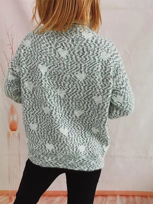 Heart Heathered Turtleneck Drop Shoulder Sweater