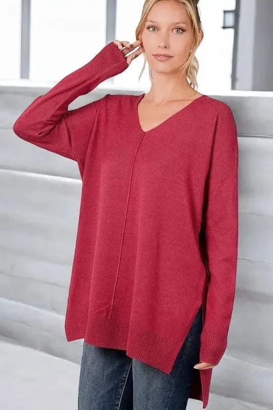 Hi-Low Hem V-Neck Center Seam Sweater