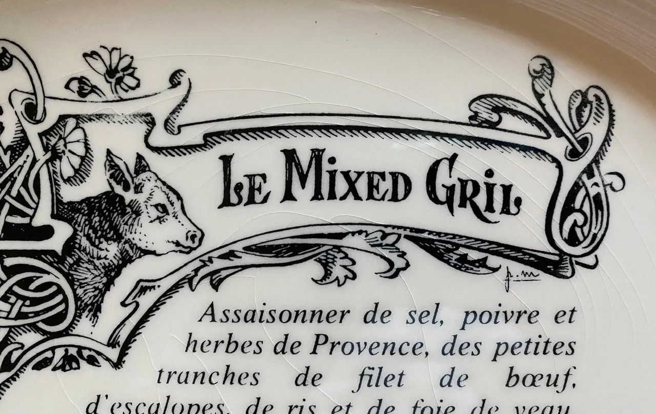 Le Mixed Gril French Advertising Black Transferware Platter Gien w/ Cow / Bovine