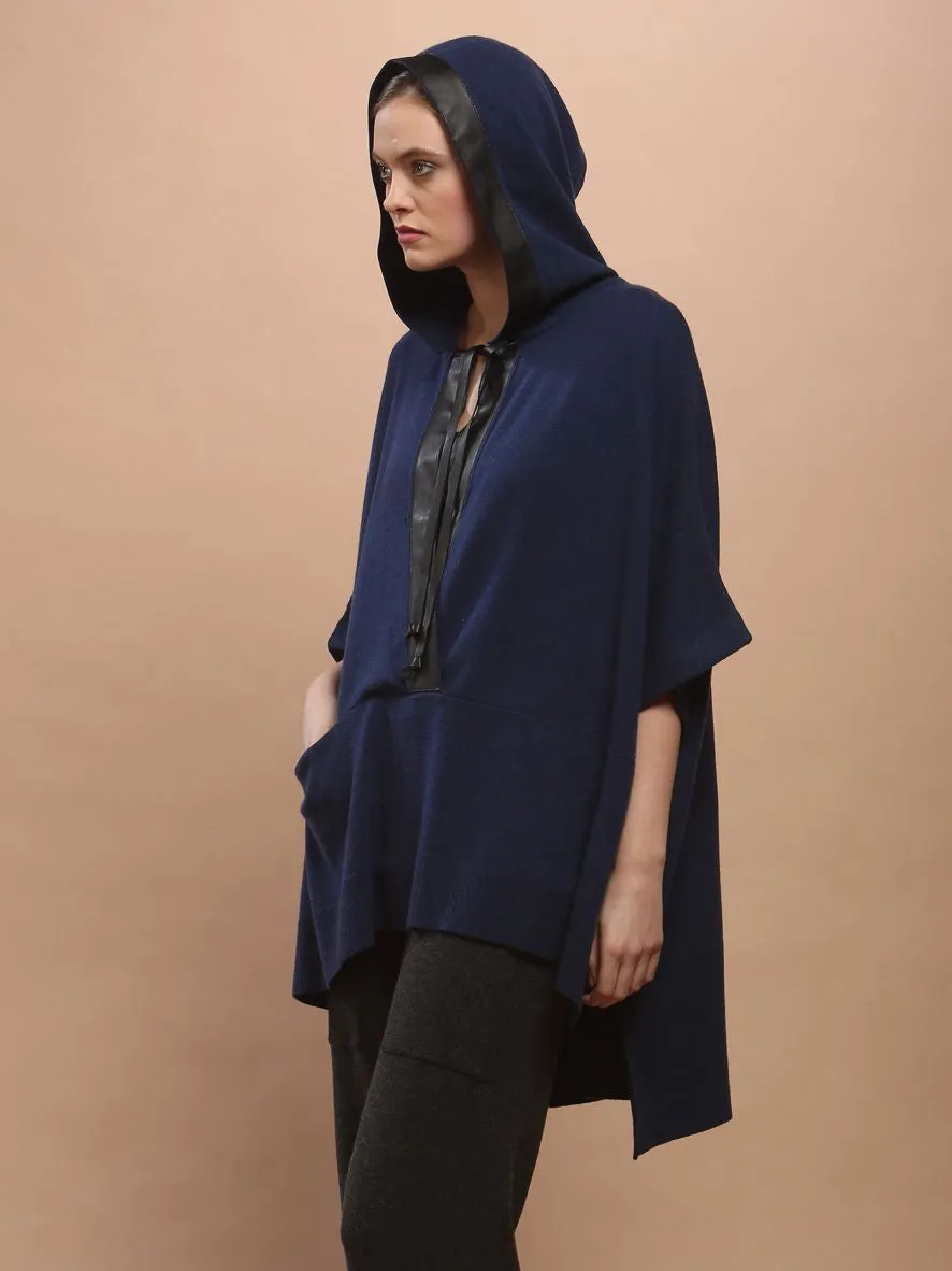 Leather Trimmed Hoodie Poncho