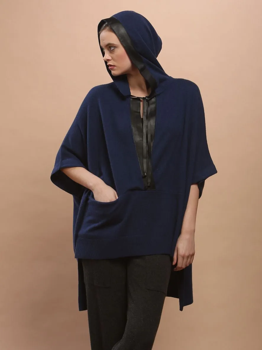 Leather Trimmed Hoodie Poncho