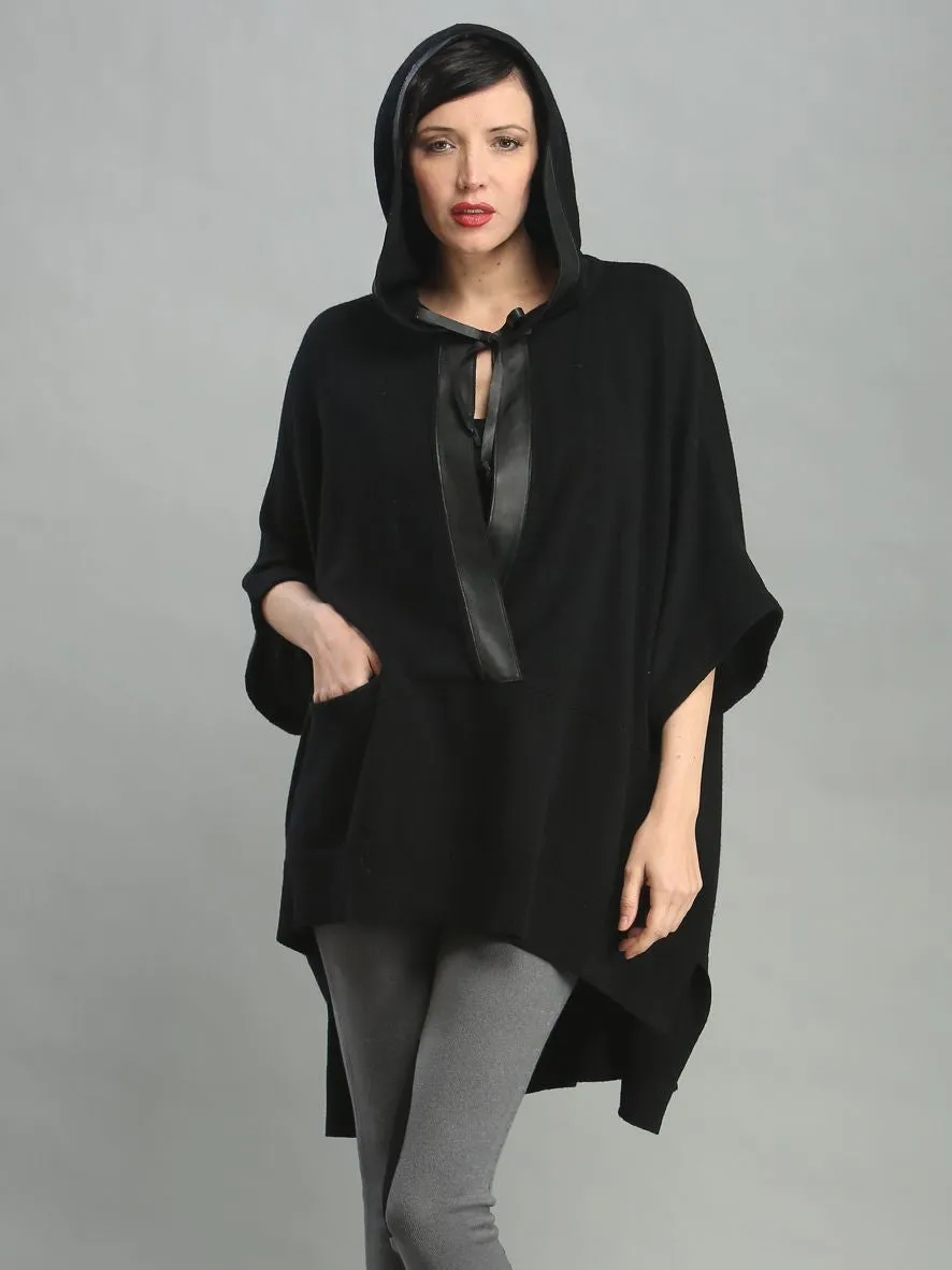 Leather Trimmed Hoodie Poncho