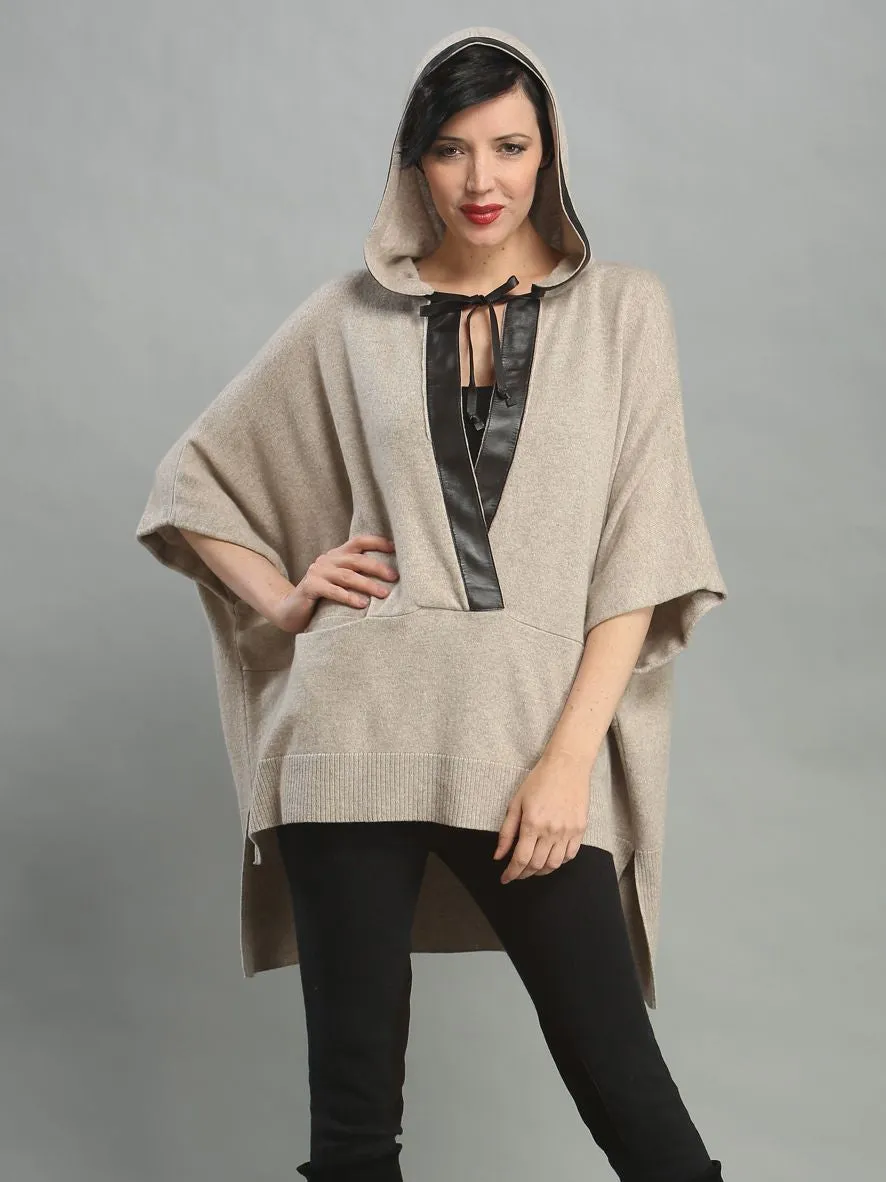 Leather Trimmed Hoodie Poncho