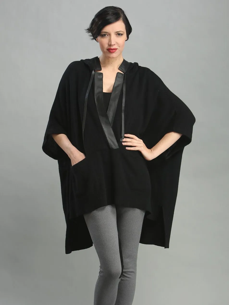 Leather Trimmed Hoodie Poncho