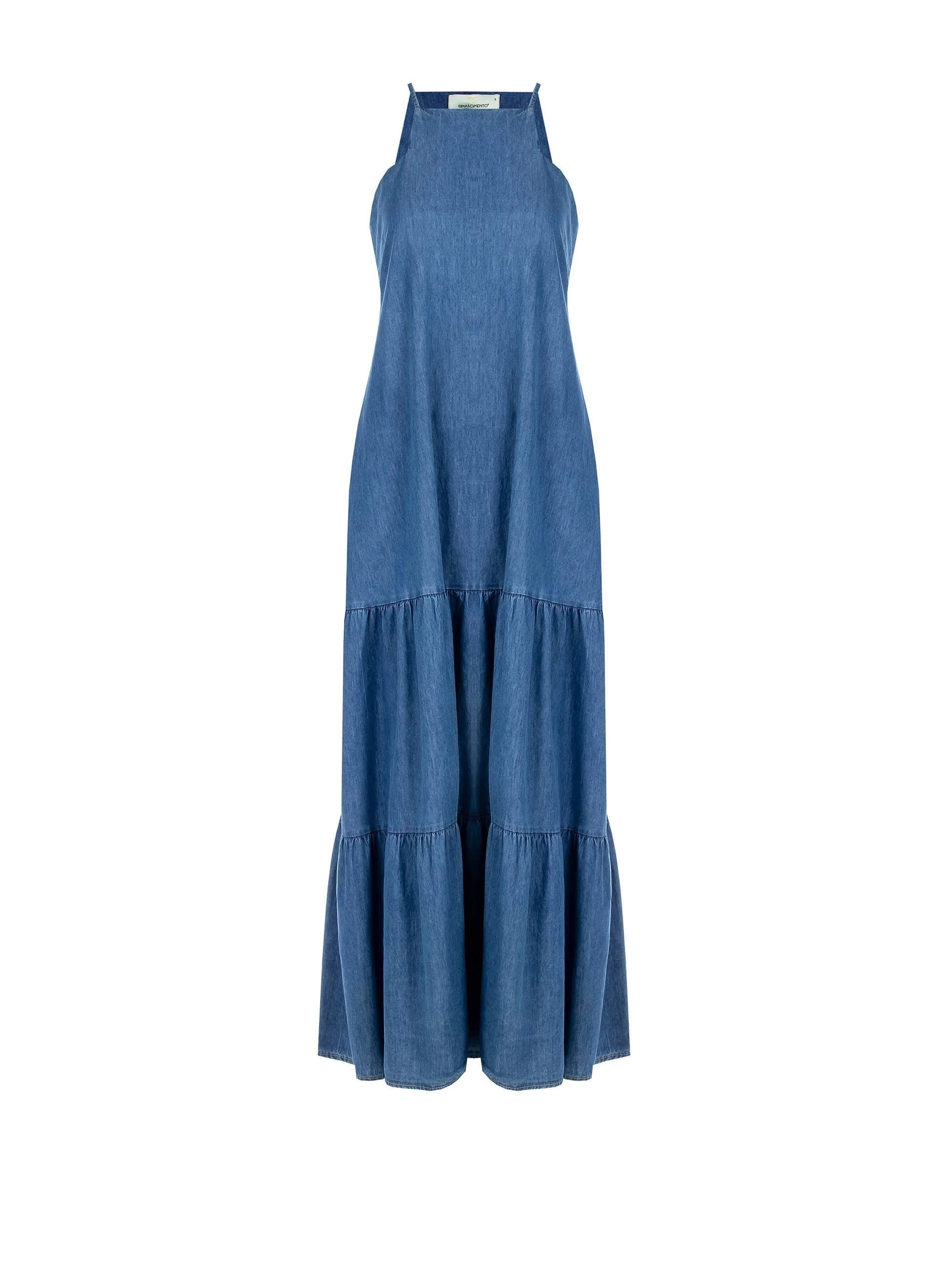 Long A-line Dress in Denim with Square Neckline and Pockets