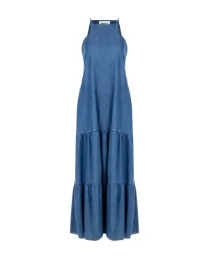 Long A-line Dress in Denim with Square Neckline and Pockets