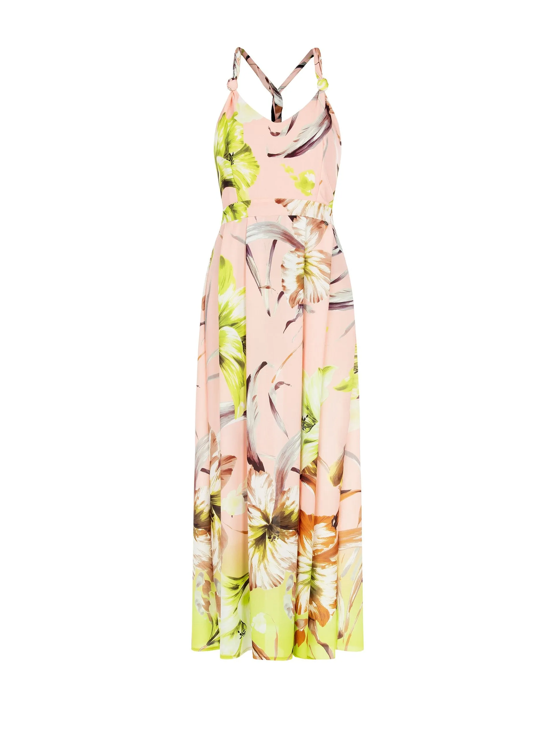 Long Dress in Flowy Crepe Fabric with Rolled and Linked Shoulder Straps