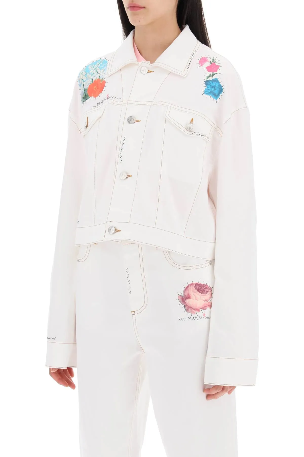 Marni Cropped Denim Jacket With Flower Patches And Embroidery