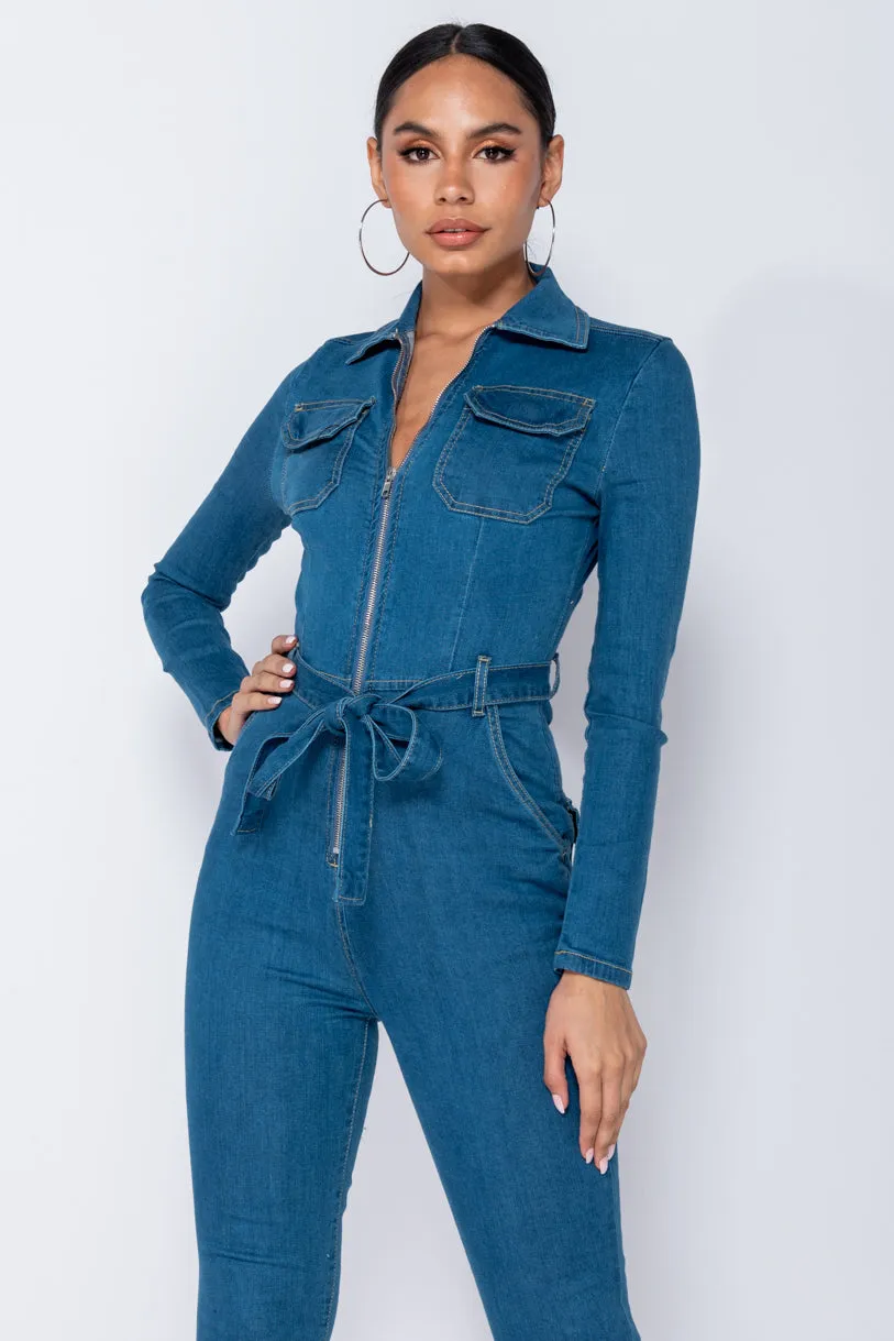 Mid Blue Denim Zip Front Tie Waist Long Sleeve Jumpsuit