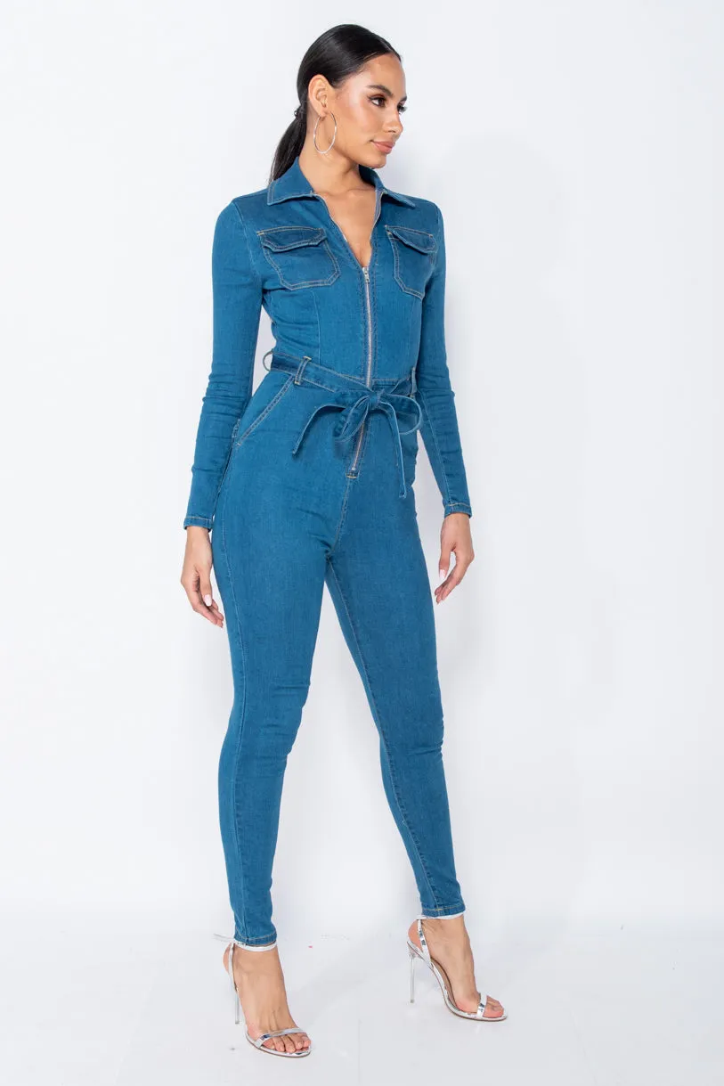 Mid Blue Denim Zip Front Tie Waist Long Sleeve Jumpsuit