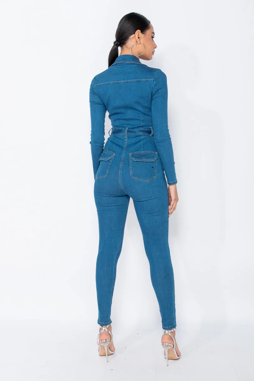 Mid Blue Denim Zip Front Tie Waist Long Sleeve Jumpsuit