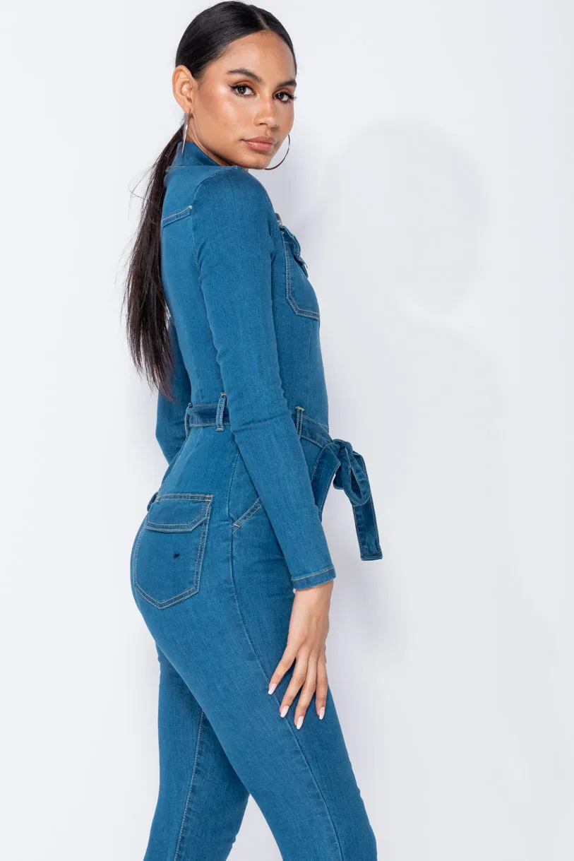 Mid Blue Denim Zip Front Tie Waist Long Sleeve Jumpsuit