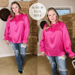 Mood Setter Ruffle Mock Neck Long Sleeve Leopard Print Satin Top in Hot Pink