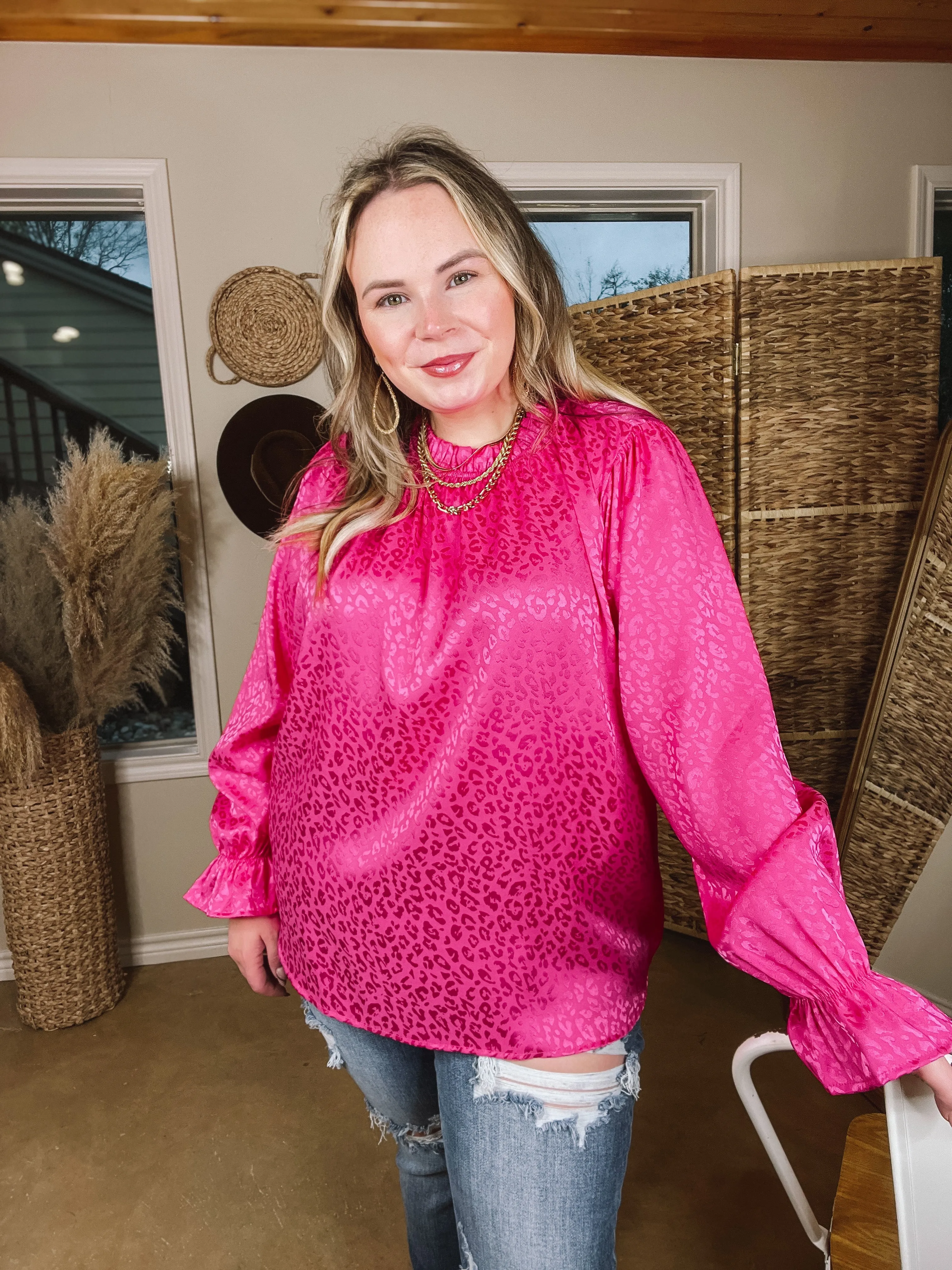 Mood Setter Ruffle Mock Neck Long Sleeve Leopard Print Satin Top in Hot Pink