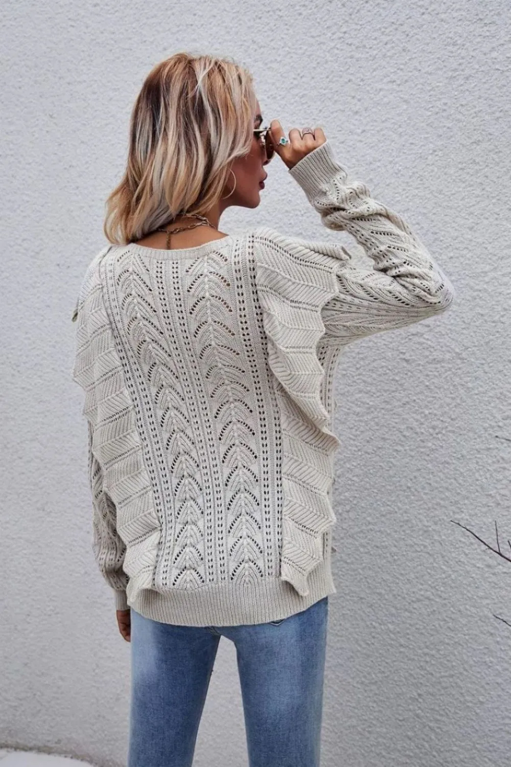 Openwork Round Neck Ruffled Sweater