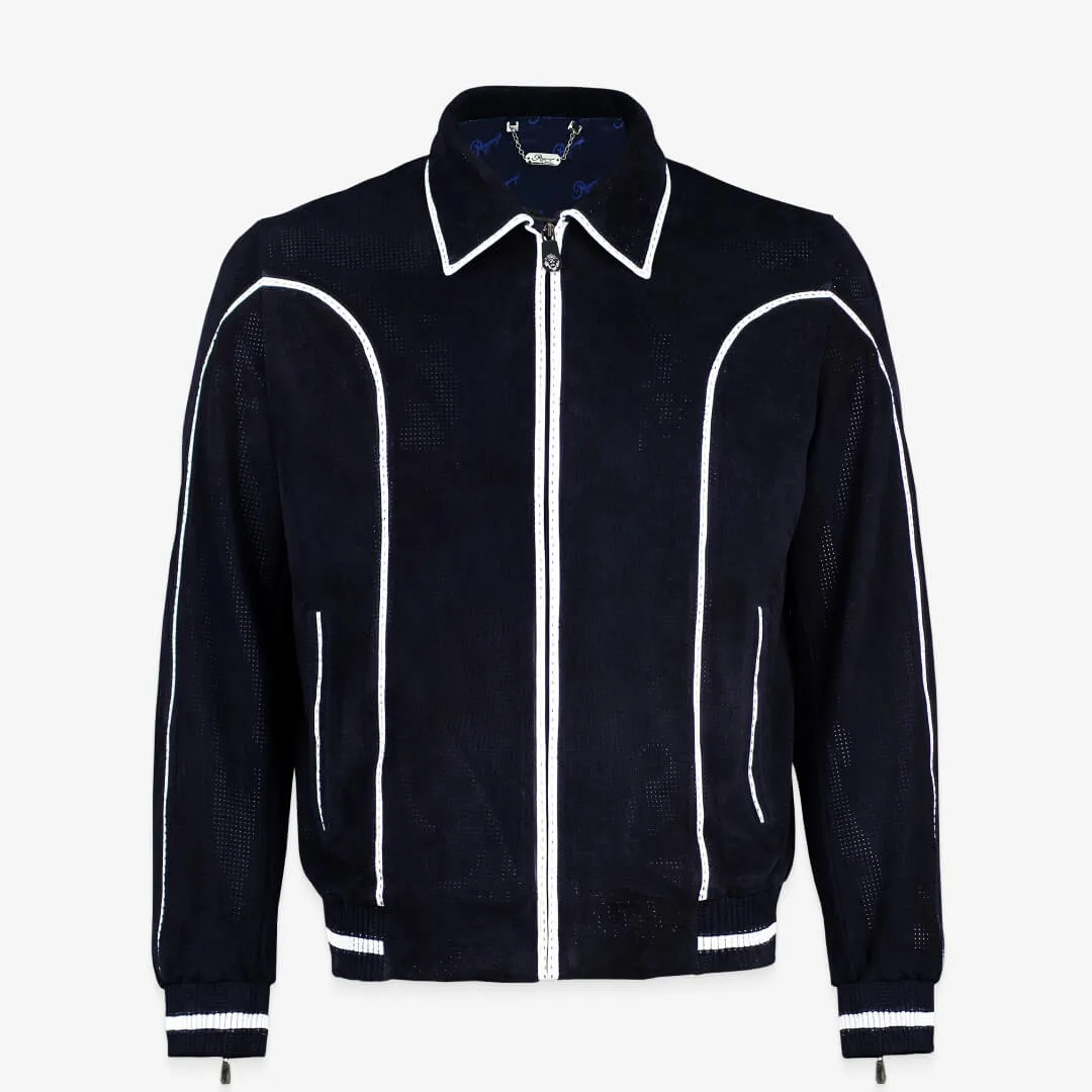 Perforated Suede & Premium Leather Harrington Jacket With White Stripes