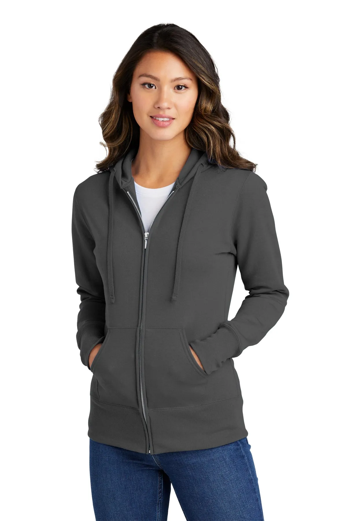 Port & Company Ladies Core Fleece Branded Zip Hoodies, Charcoal