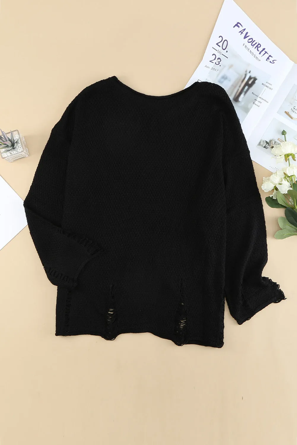 Round Neck Distressed Drop Shoulder Sweater