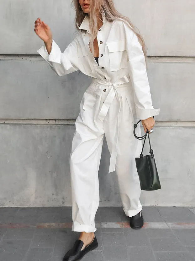 Solid Color Tie Up Lapel Cargo Jumpsuits