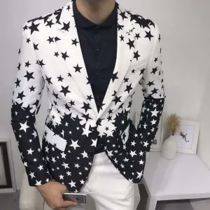 Star Black White Print Slim Fit Casual Style Men Blazer