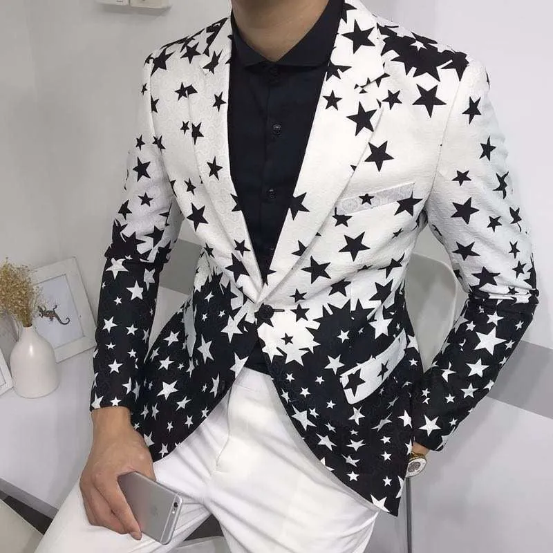 Star Black White Print Slim Fit Casual Style Men Blazer