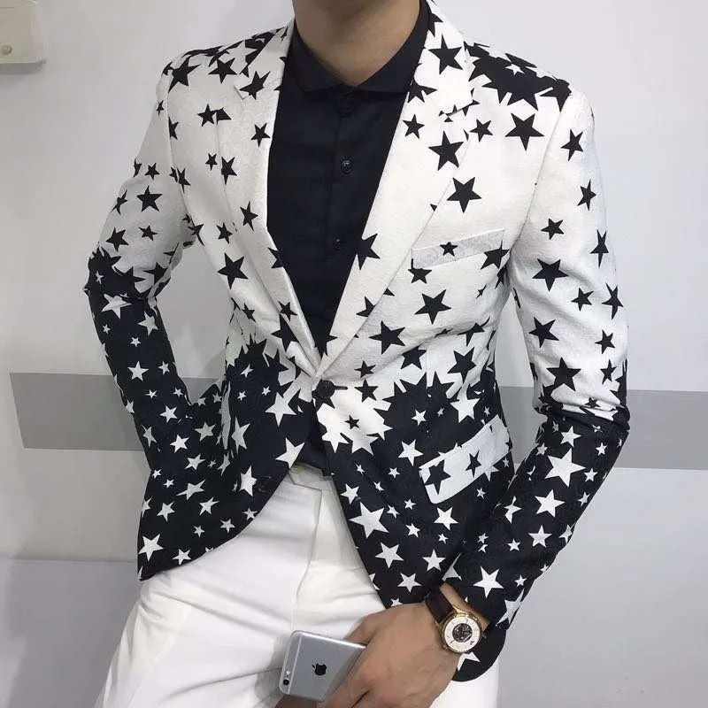 Star Black White Print Slim Fit Casual Style Men Blazer