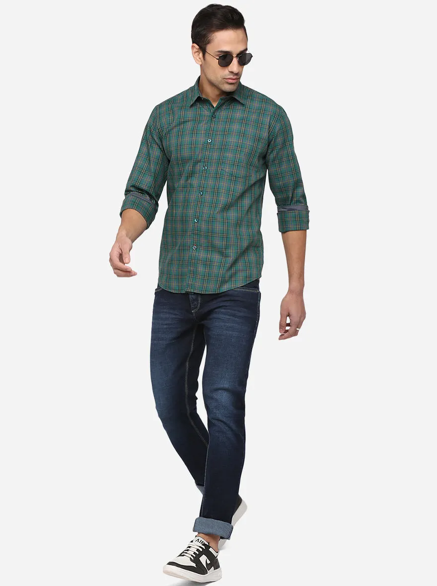 Storm Green Checked Slim Fit Casual Shirt | Greenfibre