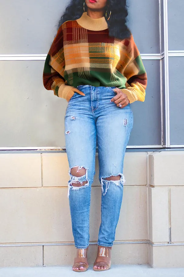 Stylish Color Blocked Striped High Neck Sweater