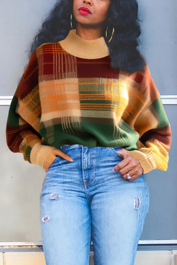 Stylish Color Blocked Striped High Neck Sweater