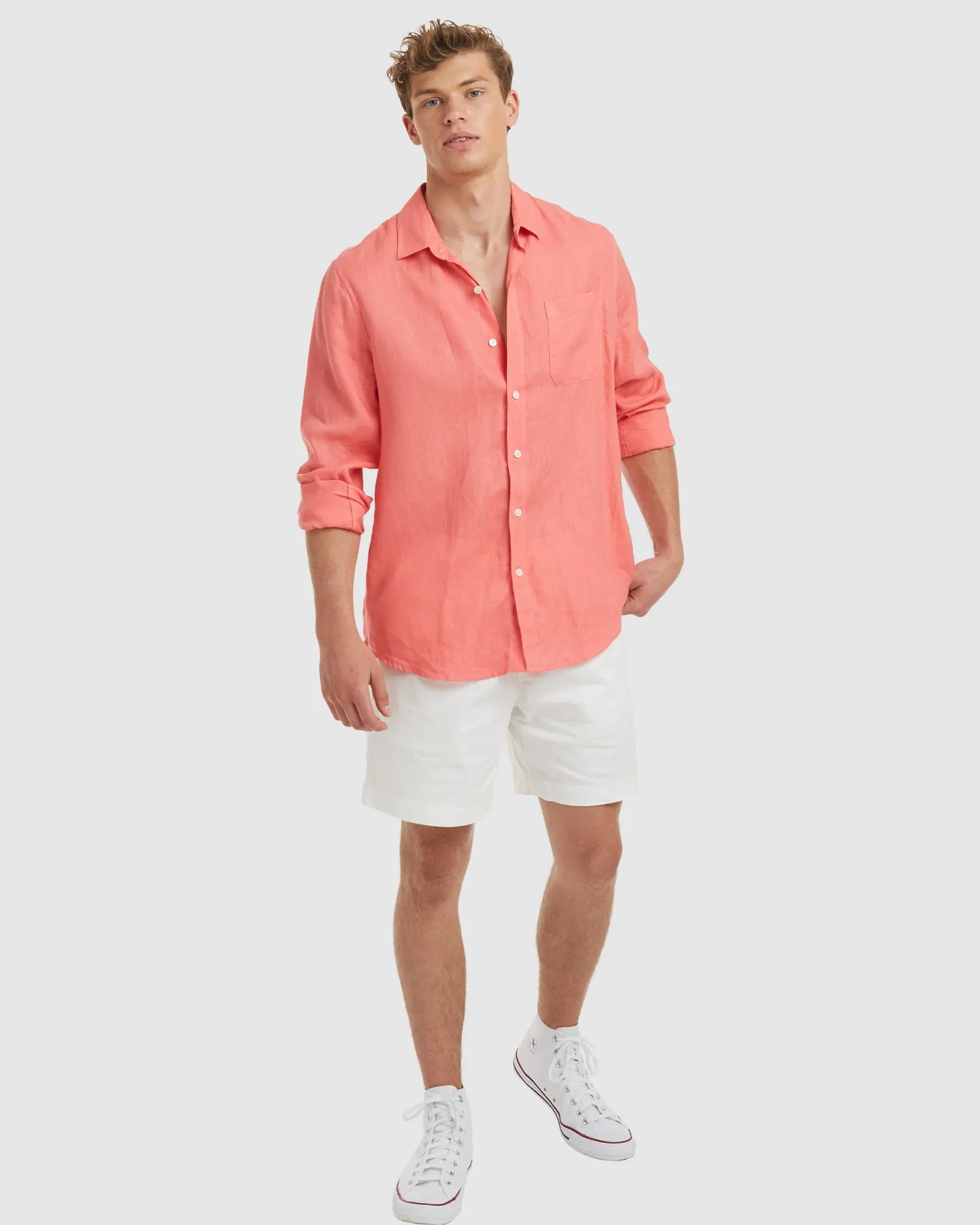 Tulum-Slim Coral Linen Shirt Long Sleeve