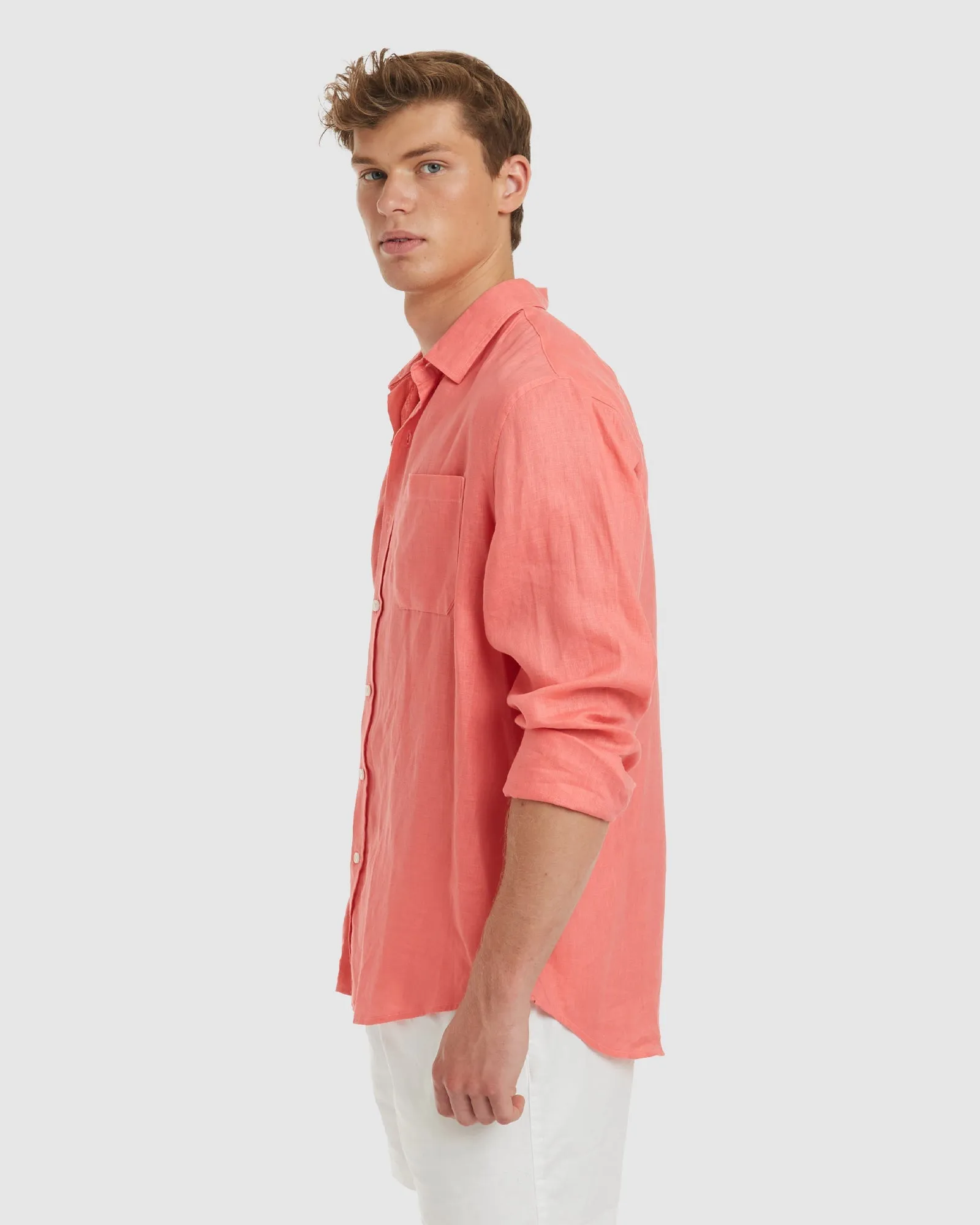 Tulum-Slim Coral Linen Shirt Long Sleeve