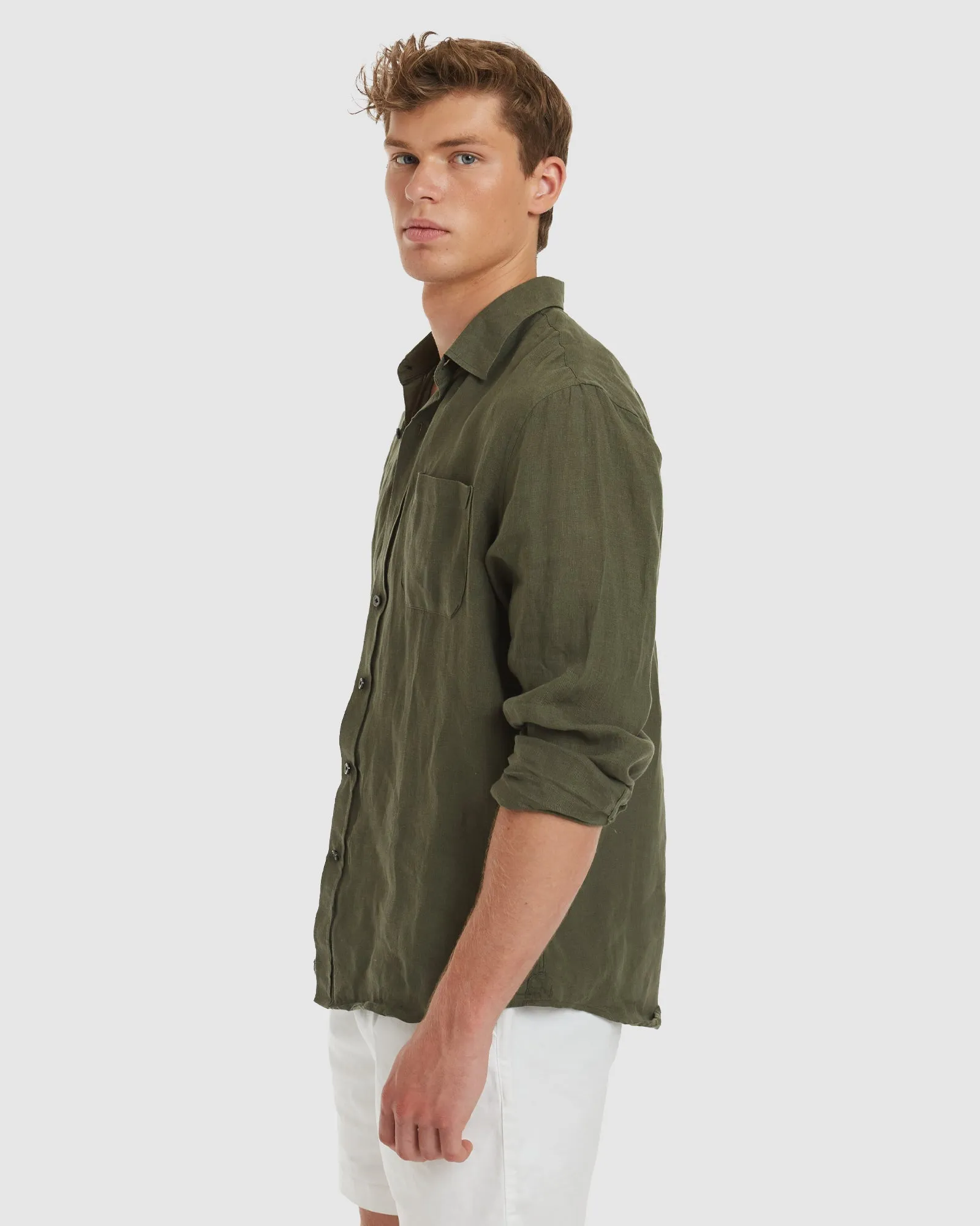 Tulum-Slim Green Linen Shirt Long Sleeve