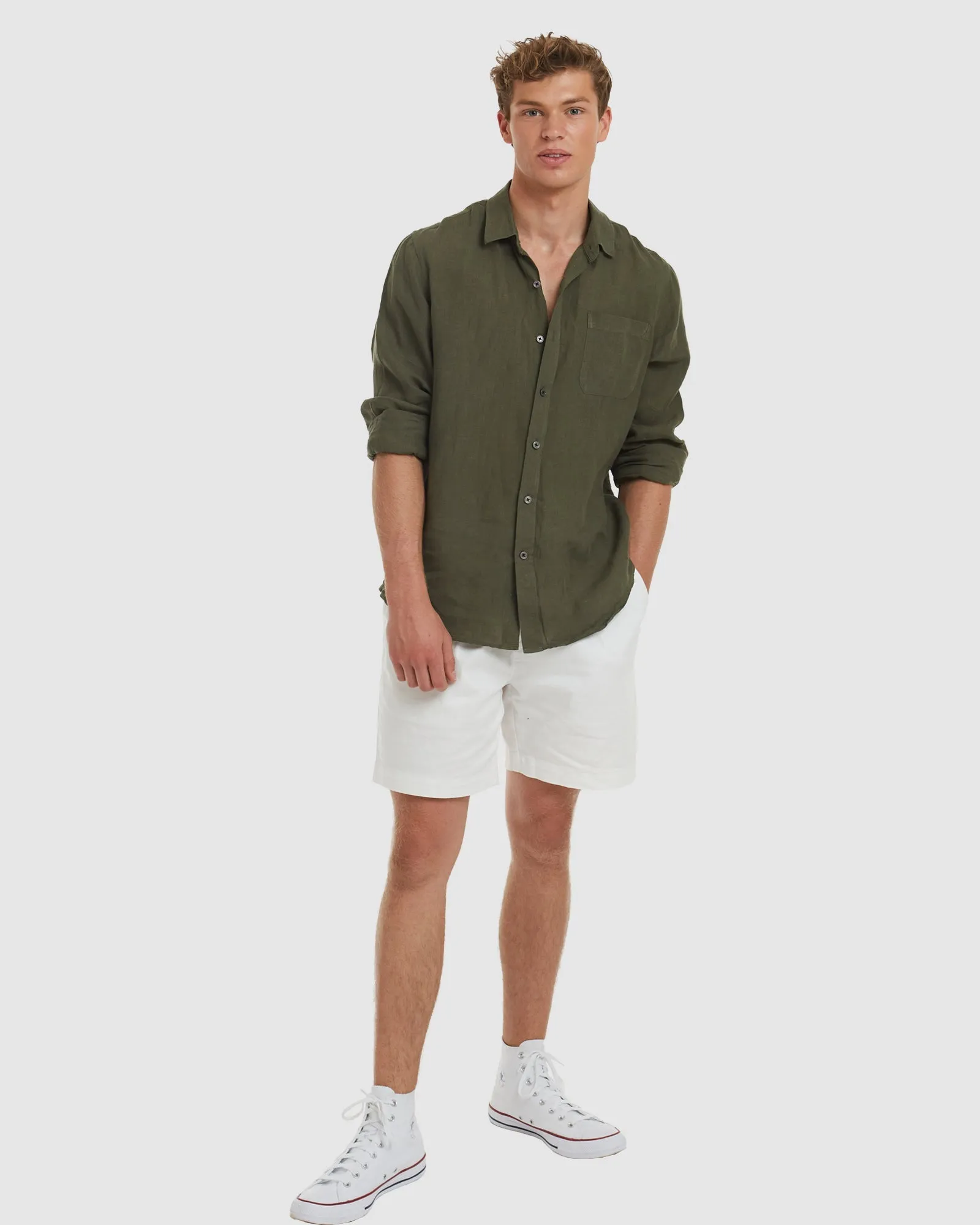 Tulum-Slim Green Linen Shirt Long Sleeve