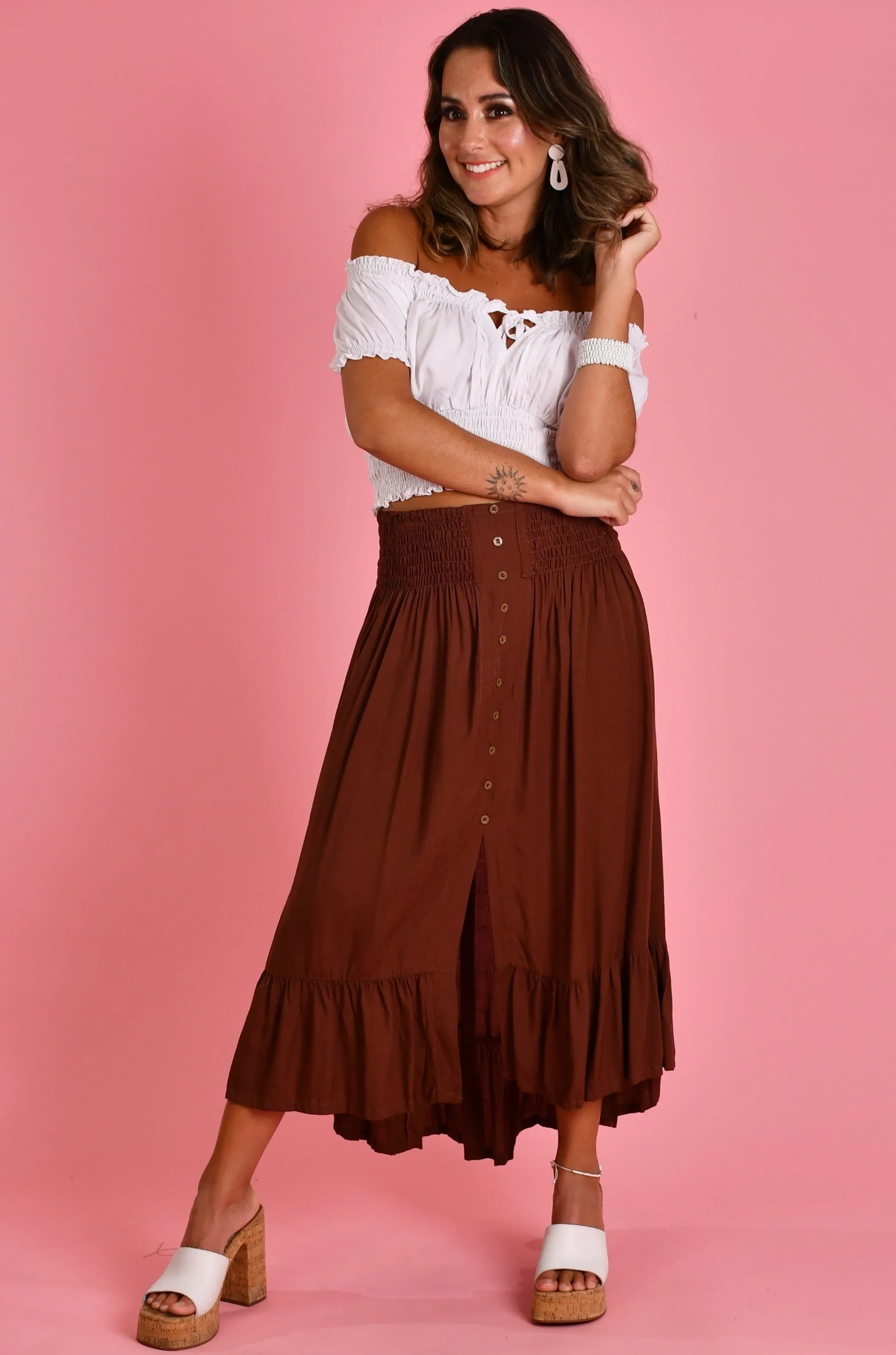 VGLK050 - ROUCHED MIDI SKIRT - CHOCOLATE