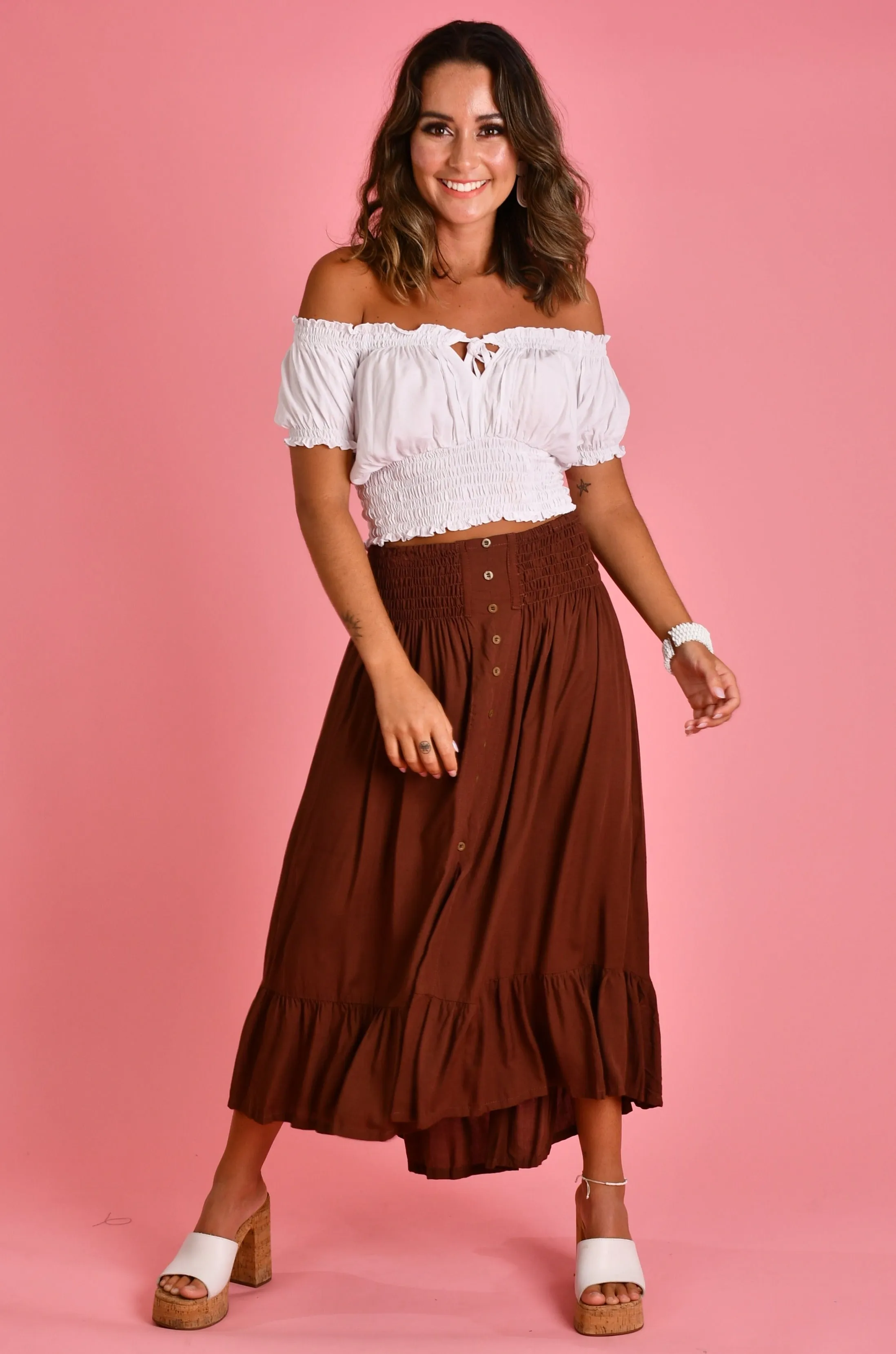 VGLK050 - ROUCHED MIDI SKIRT - CHOCOLATE