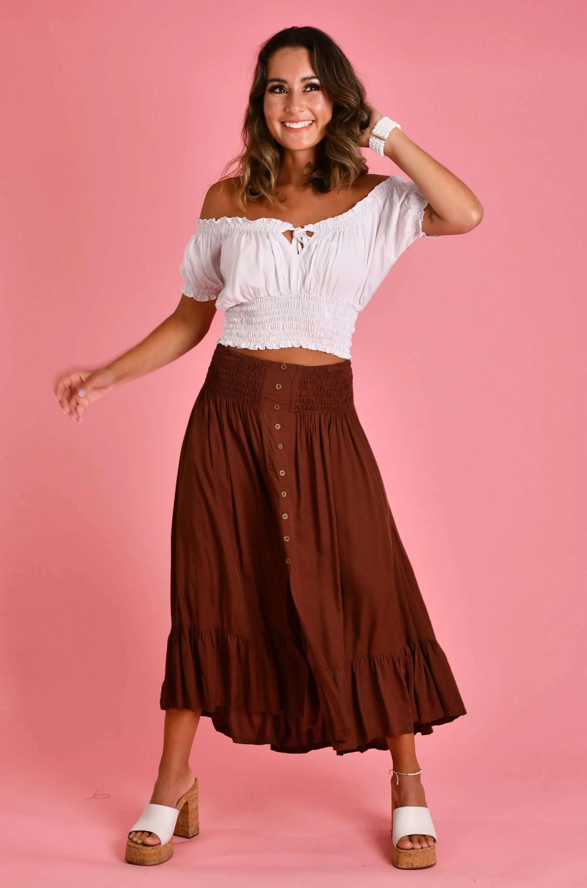 VGLK050 - ROUCHED MIDI SKIRT - CHOCOLATE