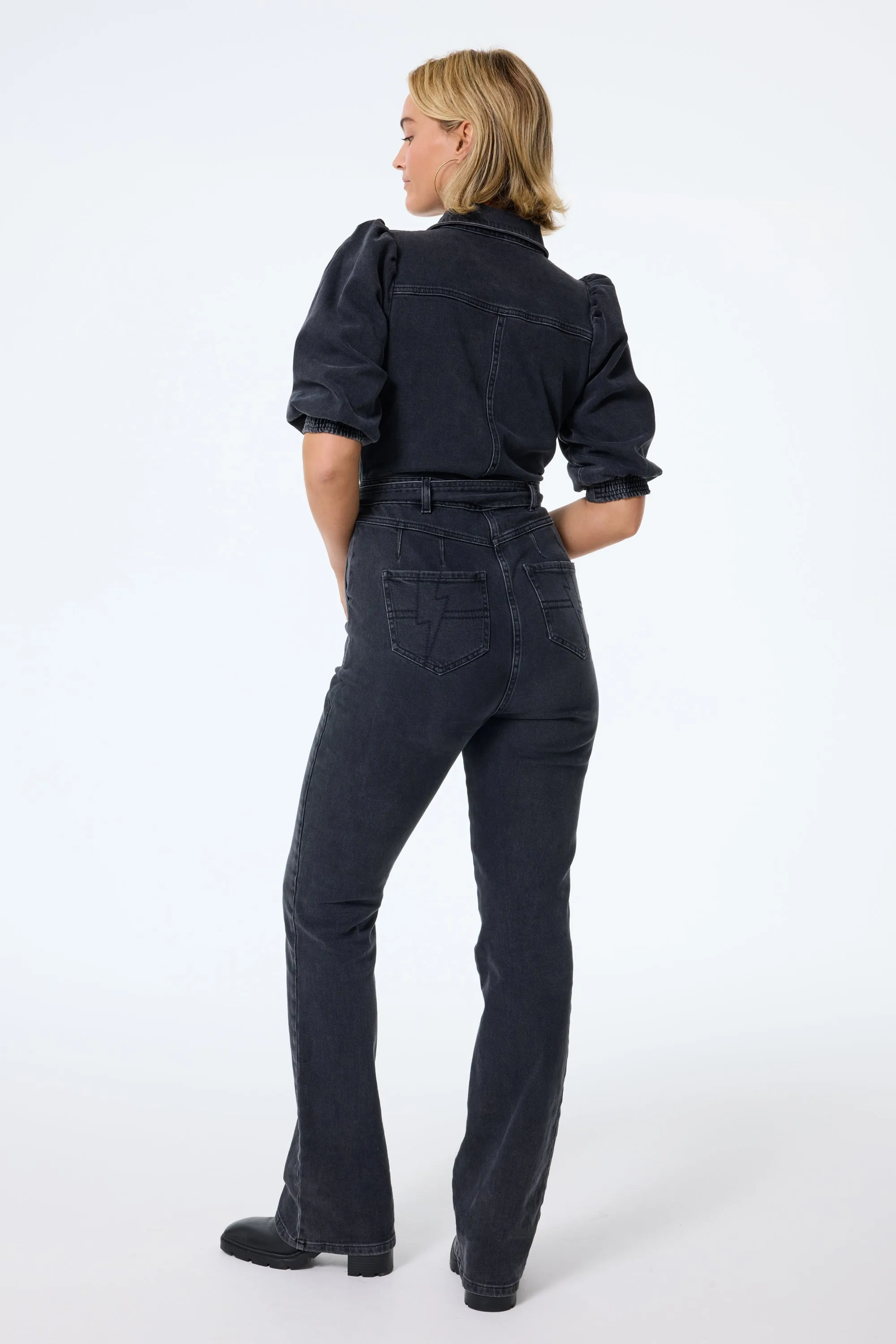 Washed Black Denim Flared Leg Jumpsuit