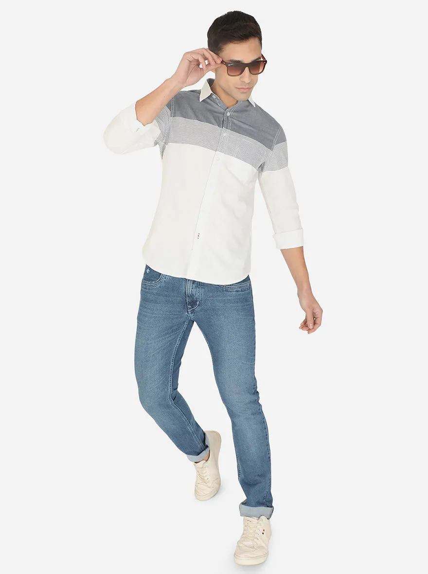 White & Grey Striped Slim Fit Semi Casual Shirt | Greenfibre